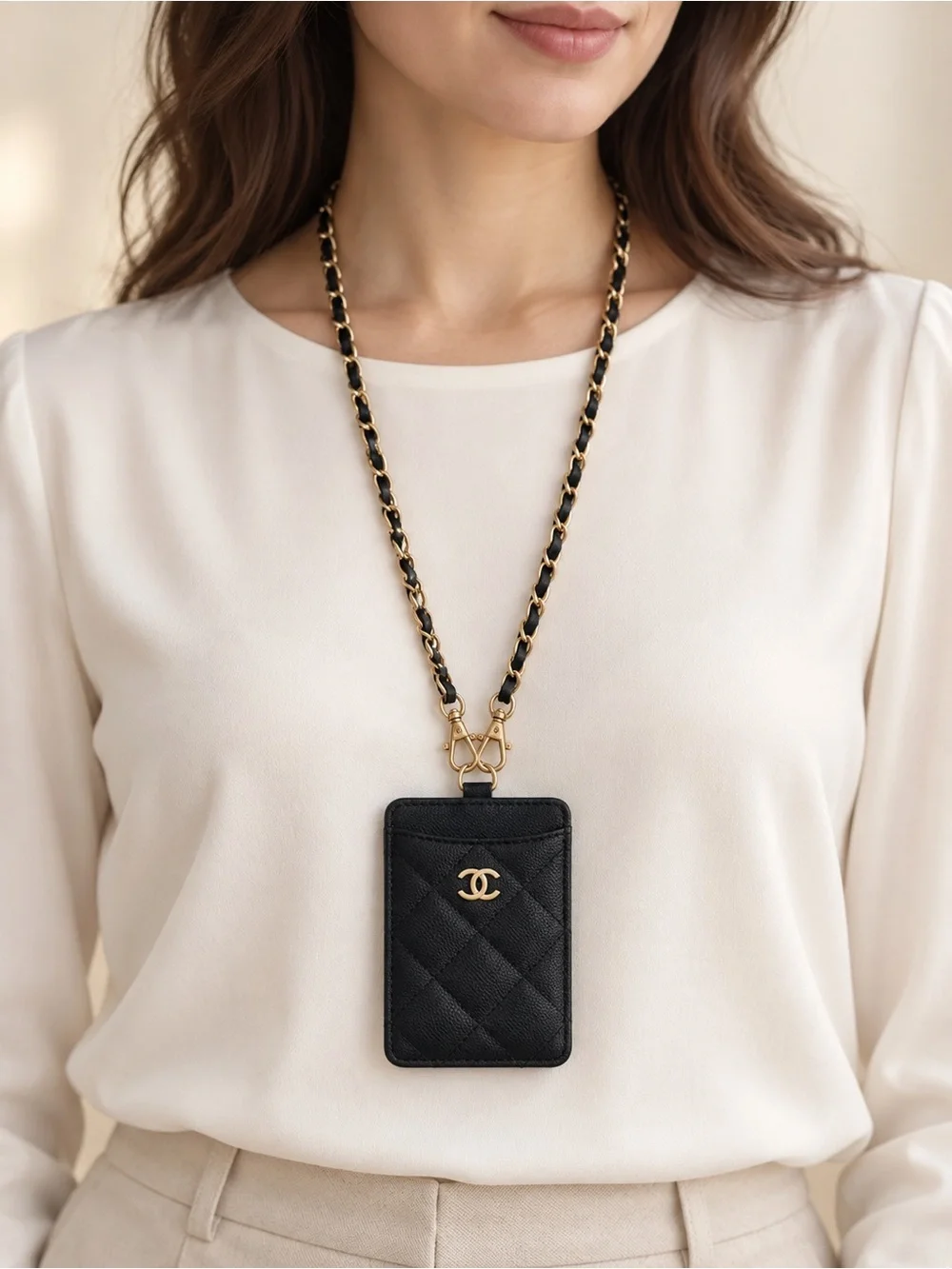 GWP CC Black Quilted Card Holder with Gold Chain Lanyard